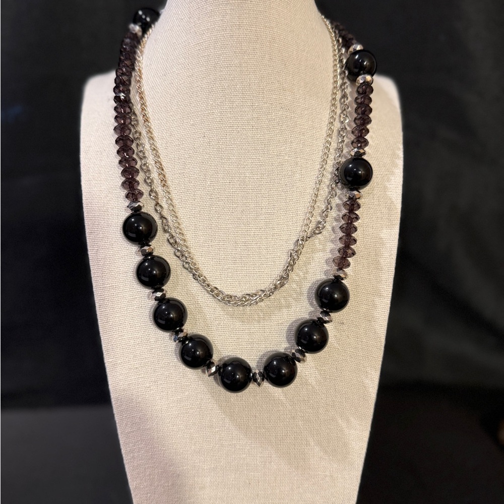 Elegant Dark Plum and Silver tone Beaded Necklace